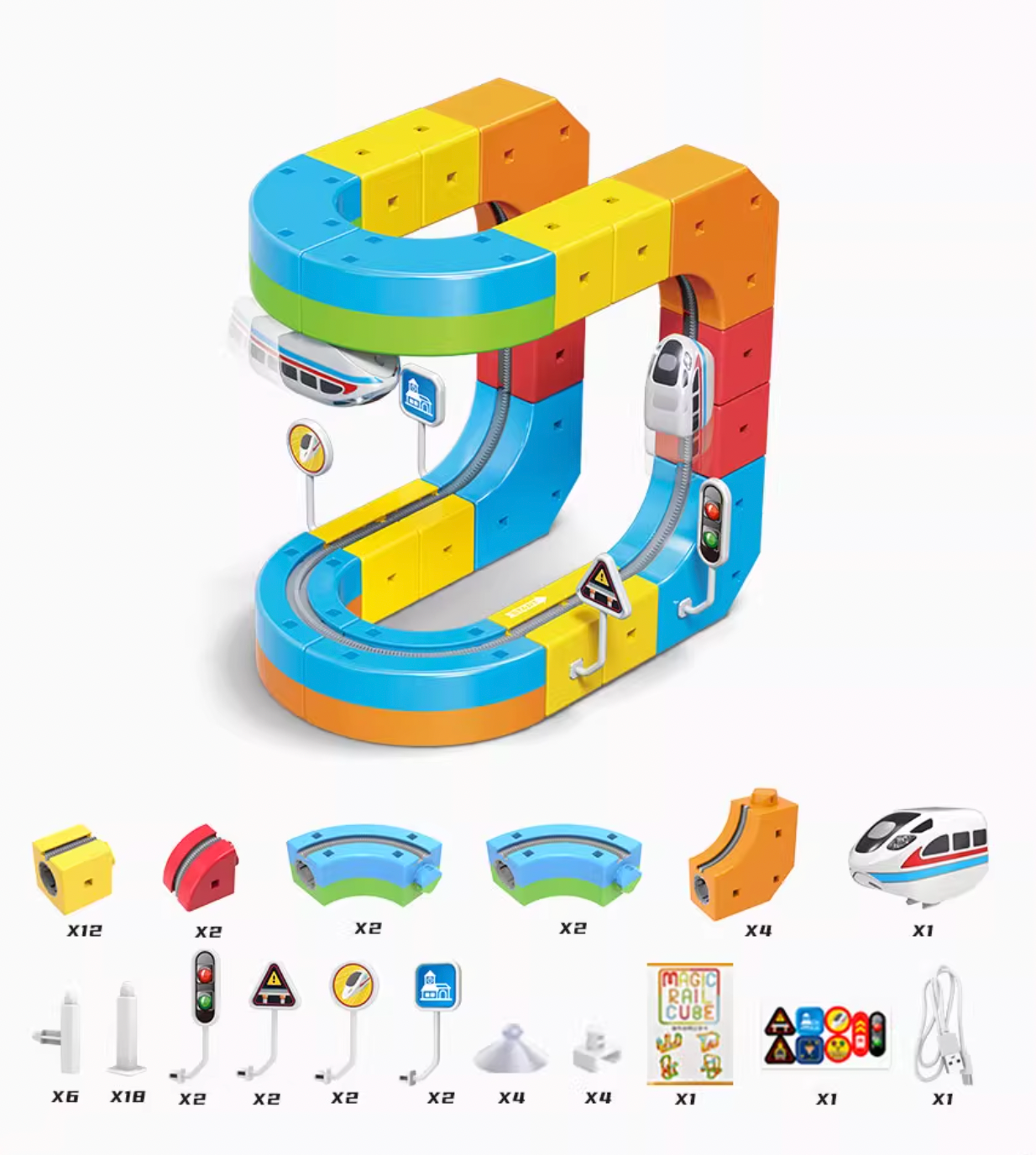 Magnetic Track Car Toys - Flexible Race Car Track Sets for Toddlers with Electric Train, Traffic Signs, Kids Train Set Toys