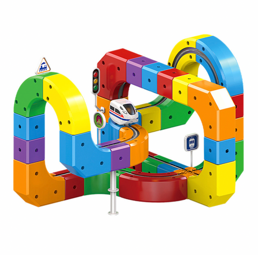 Magnetic Track Car Toys - Flexible Race Car Track Sets for Toddlers with Electric Train, Traffic Signs, Kids Train Set Toys