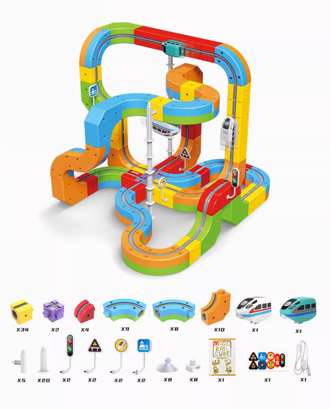 Magnetic Track Car Toys - Flexible Race Car Track Sets for Toddlers with Electric Train, Traffic Signs, Kids Train Set Toys
