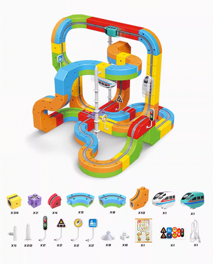 Magnetic Track Car Toys - Flexible Race Car Track Sets for Toddlers with Electric Train, Traffic Signs, Kids Train Set Toys