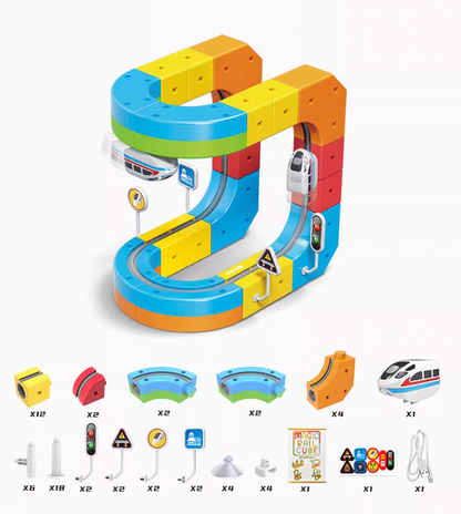Magnetic Track Car Toys - Flexible Race Car Track Sets for Toddlers with Electric Train, Traffic Signs, Kids Train Set Toys