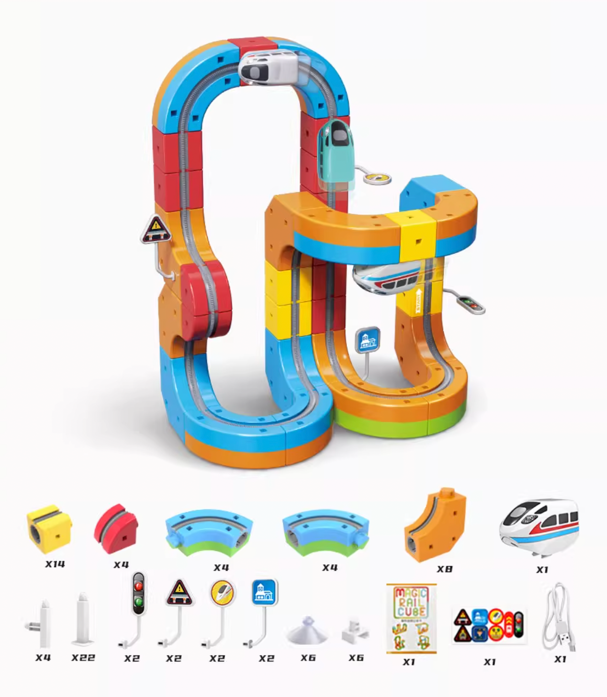Magnetic Track Car Toys - Flexible Race Car Track Sets for Toddlers with Electric Train, Traffic Signs, Kids Train Set Toys