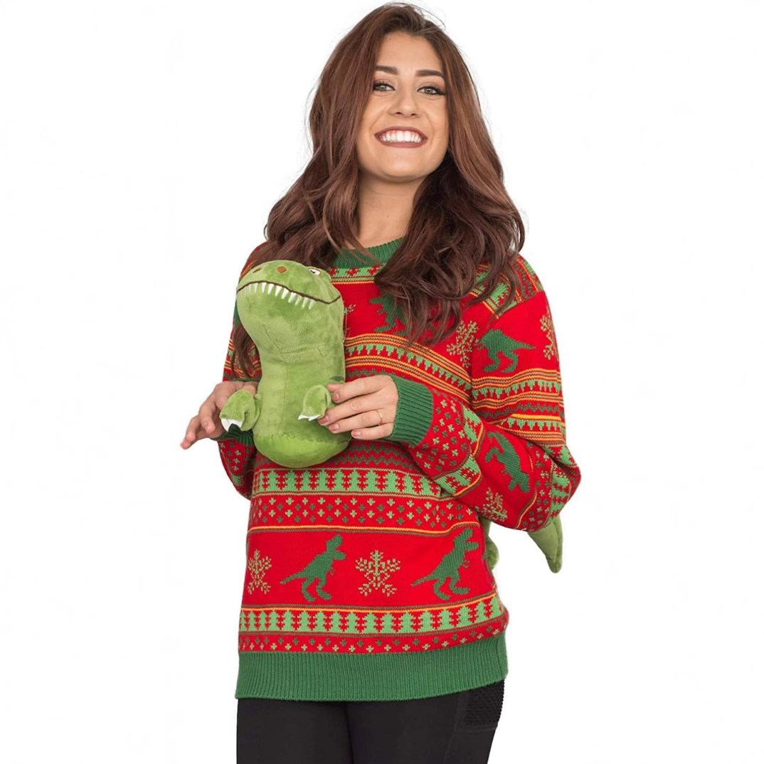 Ugly Christmas Sweater - 3D T-Rex Red and Green Adult Jumper (Unisex)