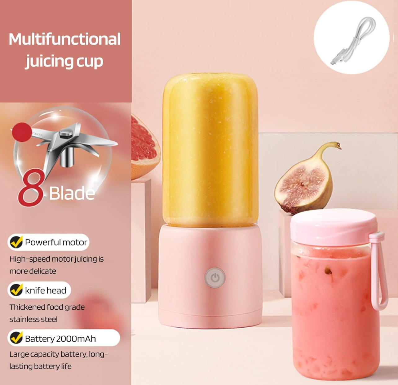 Mini Portable Juice Blender (Individual Blender for Gym Office Home Travel Pink)