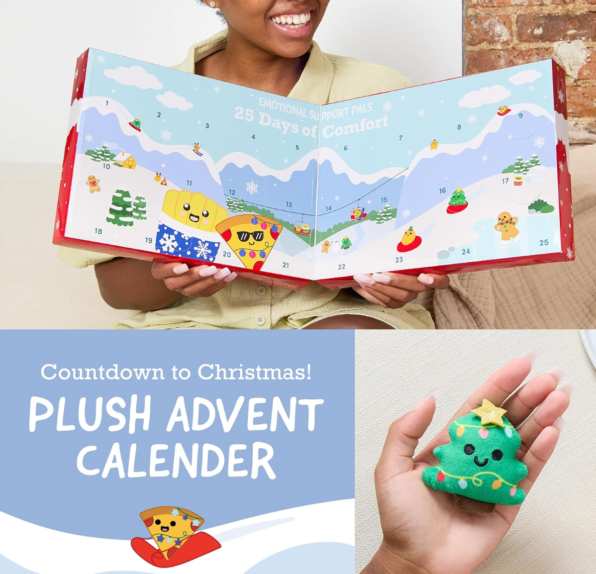 Advent Calendar 2025 - Emotional Support cute mini plush doll - 25 Days - Snowman Reindeer Gingerbread Pizza Christmas Tree, Christmas Gift